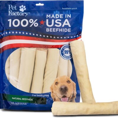Pet Factory 100% Made in USA Beefhide 8" Rolls Dog Chew Treats - Natural Flavor, 15 Count/1 Pack