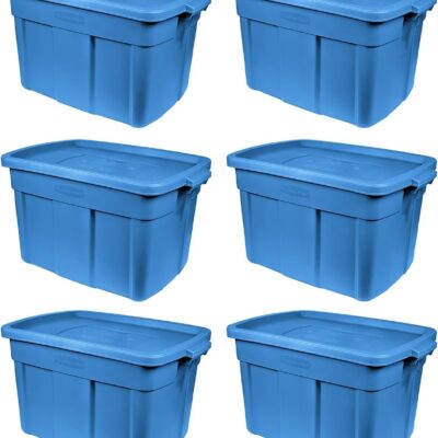 Rubbermaid Roughneck Tote 18 Gal, 6 Pack, Made in USA, Herirage Blue, Rugged Plastic Stackable Storage Bins with Lids and Handles