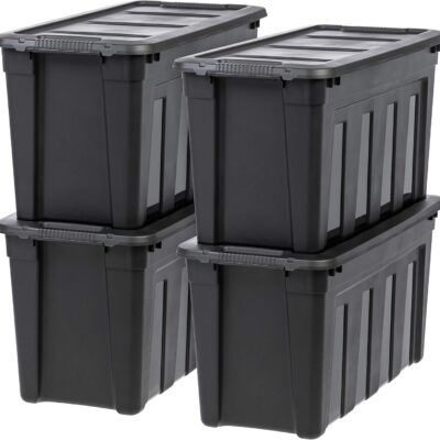 IRIS USA 31 Gallon Heavy Duty Totes for Storage with Easy-Grip Handles, 4 Pack - Storage Bins with Lids, Durable Stackable Utility Containers, Large Garage Organizing Tubs, Made in USA - Black