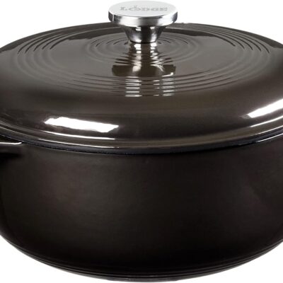 Lodge 6 Quart Enameled Cast Iron Dutch Oven with Lid – Dual Handles – Oven Safe up to 500° F or on Stovetop - Use to Marinate, Cook, Bake, Refrigerate and Serve – Midnight Chrome