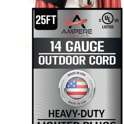 25 ft 14 Gauge Outdoor Waterproof Extension Cord - Lighted on Both Ends - Red - Heavy Duty 15 Amp