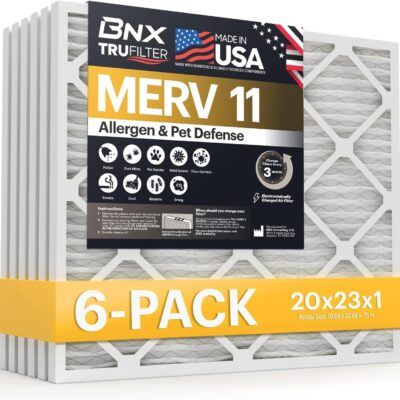 BNX TruFilter 20x23x1 Air Filter MERV 11 (6-Pack) - MADE IN USA - Allergen Defense Electrostatic Pleated Air Conditioner HVAC AC Furnace Filters for Allergies, Dust, Pet, Smoke, Allergy MPR 1200 FPR 7