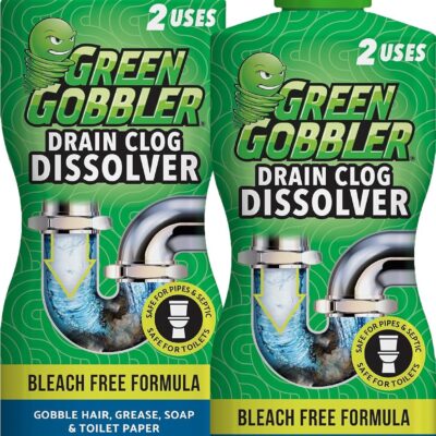 Green Gobbler Liquid Hair Drain Clog Remover & Cleaner, For Toilets, Sinks, Tubs - Septic Safe, 2 Pack